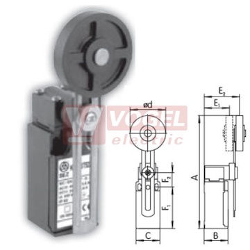 KSAP3T52Z02 Koncový spínač s nastavitelnou pákou a gum. kladkou pr.50mm, 2V, s mžikovou funkcí, kabel.vstup 1xPG11, 126,5-186,5x30x30,3mm, IP65