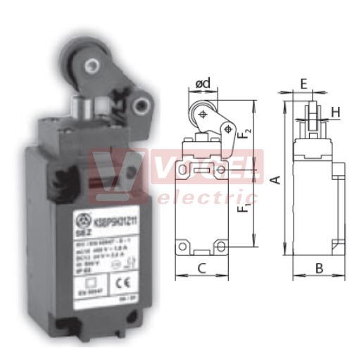 KSBP5H31W20 Koncový spínač s pákou a kladkou pr.22mm, nylónová rolna, 2Z, bez mžikové funkce, kabel.vstup 1x M20, 121x40,5x41, IP65
