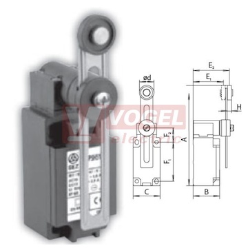 KSBP5H51W02 Koncový spínač s nastavitelnou pákou a kladkou pr.22mm, nylónová rolna, 2V, bez mžikové funkce, kabel.vstup 1x M20, 135-191x40,5x41, IP65