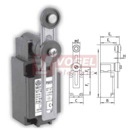 KSBP5H51Z11 Koncový spínač s nastavitelnou pákou a kladkou pr.22mm, nylónová rolna, 1Z+1V, s mžikovou funkcí, kabel.vstup 1x M20, 135-191x40,5x41, IP65