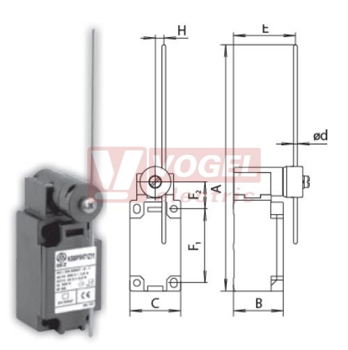 KSBP5H73Z11 Koncový spínač ovládaný sklolaminátovou tyčkou pr.3mm, 1Z+1V, s mžikovou funkcí, kabel.vstup 1x M20, 274x40,5x41, IP65