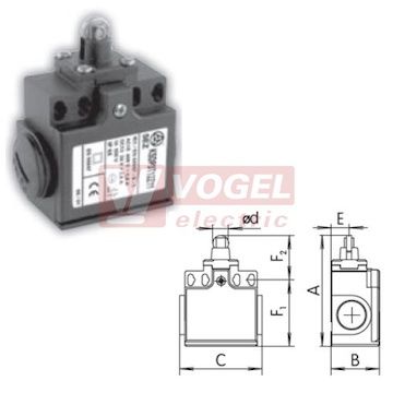 KSDP3T13Z02 Koncový spínač s kladkou, nylón.rolna 11mm, 2V, s mžikovou funkcí, kabel.vstup 2xPG11, 77x33x57mm, IP65