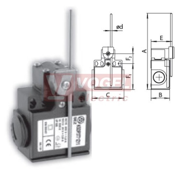 KSDP3T71Z11 Koncový spínač ovládaný nerezovou tyčkou 3mm, 1Z+1V, s mžikovou funkcí, kabel.vstup 2xPG11, 223,5x33x57mm, IP65