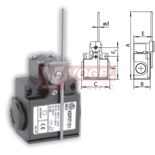 KSDP3T72Z11 Koncový spínač ovládaný sklolaminátová tyčka 3mm, 1Z+1V, s mžikovou funkcí, kabel.vstup 2xPG11, 223,5x33x57mm, IP65