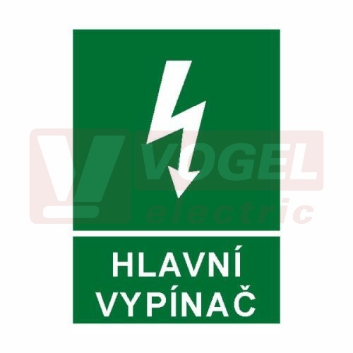 Samolepka informační "Hlavní vypínač" (bílý tisk, zelený podklad), symbol s textem (6131A) A8
