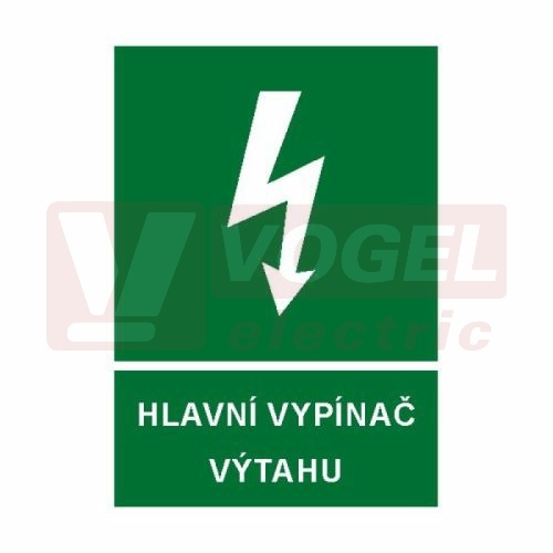 Samolepka informační "Hlavní vypínač výtahu" (bílý tisk, zelený podklad), symbol s textem (6132B) A5