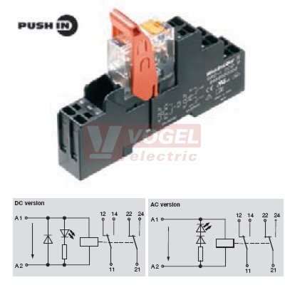 RCIKITP 230VAC 2CO LD paticové relé, 2 přepínací kontakty, 8A/250V AgNi, LED indikace červená, test. tlač. ANO, ochraná dioda NE, patice pružinová PUSH-IN, š=15,8mm (8897180000) (VÝROBA UKONČENA)
