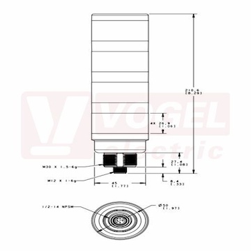 TL50HBGYRQ světelný sloup TL50H, barva MO, ZE, ŽL, RU vyšší intenzita světla, 18-30V DC, 24V AC, mont.závit M30x1,5mm, rozměr pr.50xv210,6mm, IP67, připojení M12/5pin (3014589)
