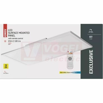 Svítidlo LED přisazené 25W EXCLUSIVE, 220-240V, obdélníkové, stmív. se změnou CCT, světelný tok 210-2100 lm, 2700-6000 K, IP20, tělo hliník, difuzor mléčný, rozměr 295 × 595 × 52 mm