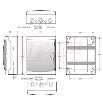 Rozvodnice 26M IP65 2ř (ACQUA 3926-TB) povrchová/průhl. Dveře, v410xš310xh150mm, svor.PE/N, barva světle šedá, IK08, materiál ABS