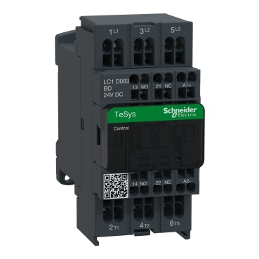 LC1D093BD Stykač 3P 9A AC-3, 24V DC, pom.kont. 1"Z"+1"V" pruž.svorky, cívka s rozšíř.rozsahem a odruš.modulem