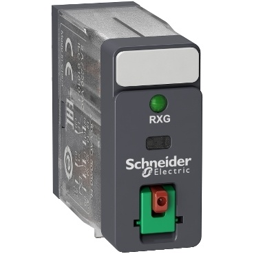RXG22M7 interface relé do patice, 2xCO přepínací kontakty, 5 A/220 V AC, testovací tlačítko a LED
