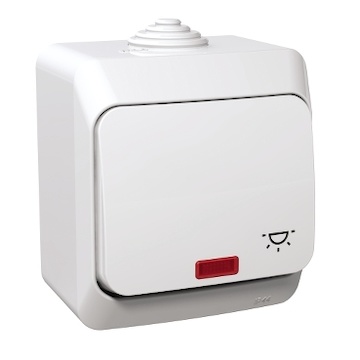 Spínač IP44 1/0s WDE000516 BÍ ovladač tlačítkový, "světlo", signalizace, 16A/250V, Cedar Plus