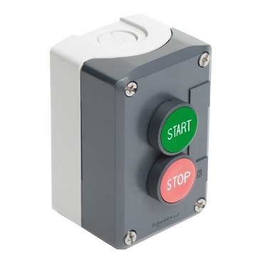 XALD225 Skříň ovládací 2-tlačítková, ŠE víko, tlačítka ZE "START" 1Z + RU s přesahem "STOP" 1V
