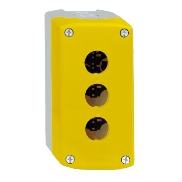 XALK03 Prázdná plastová skříň 3-otvory, žluté víko RAL 1021 pro ovládání nouzového zastavení, 22mm, 68x136x53mm