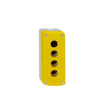 XALK04 Prázdná plastová skříň 4-otvory, žluté víko RAL 1021 pro ovládání nouzového zastavení, 22mm, 68x166x53mm